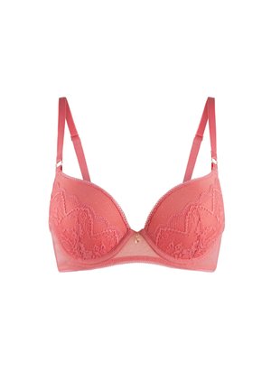 Coral lace bra with padded cups, adjustable straps, and a small decorative charm at the center. Floral lace pattern along the edges.
