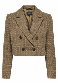 Veste courte marron en tissu texturé avec un design croisé, dotée de boutons noirs et d'une doublure beige douce.