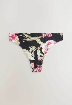 Chilot de baie floral cu un fundal negru, decorate cu modele vibrante de bujori roz și crem, dintr-un material neted și cu un design sexy.