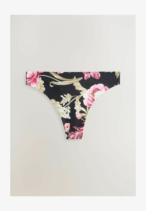 Blomstret bikini bund med sort baggrund og livlige pink og creme farvede pæonmønstre, glat tekstil og en fræk skæring.