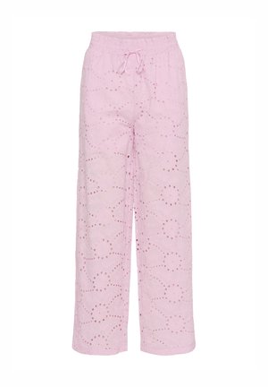Light pink, embroidered cotton pants with a loose fit, featuring a drawstring waist and cut-out floral patterns throughout.
