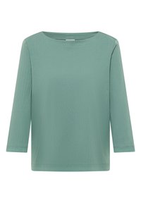 Chemise à manches longues en tissu côtelé vert clair avec un large col rond et un ourlet droit.