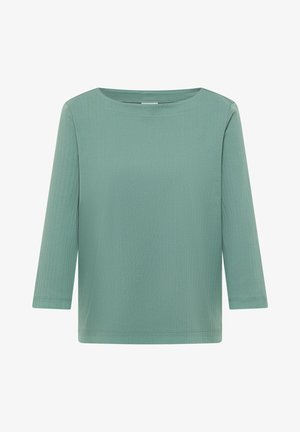 Jasnozielona, prążkowana koszula z długim rękawem, z szerokim, okrągłym dekoltem i prostym dołem.