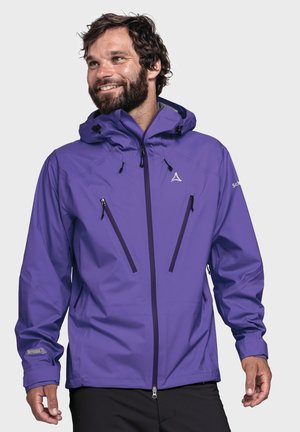 Purple waterproof jacket with a hood, two zippered chest pockets, and elastic cuffs. Features a logo on the left sleeve and a textured fabric.