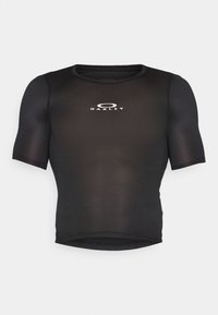 Haut de sport noir à manches courtes en matériau en mesh. Doté d'un col rond et d'un logo "Oakley" blanc sur le devant.