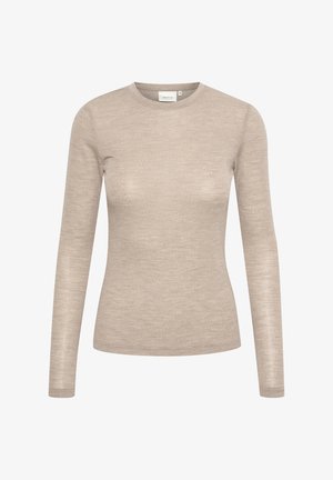 Bež piksikanga pikkade käistega pluus, millel on ümar kaelus ja vormiv disain. Lihtne, sile tekstuur ilma nähtavate mustriteta.