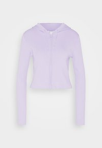 Lila kort hoodie i ribbad tyg, med dragkedja, långa ärmar och dragskohuva. Slät textur med minimal detaljering.