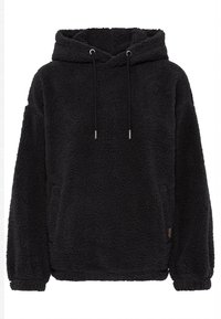 Sort fleece hoodie med en blød, struktureret overflade, der har en justerbar hætte og kængurulomme, designet til komfort og varme.
