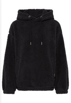 Juoda fliso striukė su puriu, tekstūruotu paviršiumi, turinti reguliuojamus raiščius ant gaubto ir kengūros kišenę, sukurta patogumui ir šilumai.