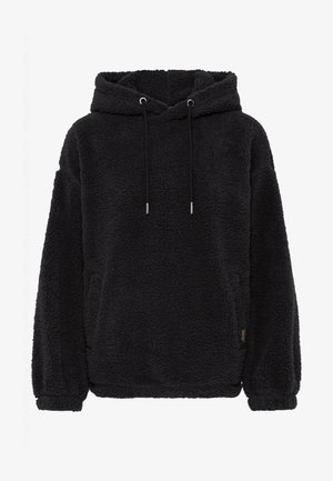 Svart fleece hettegenser med en myk, teksturert finish, med snøring i hetten og kengurulomme, designet for komfort og varme.