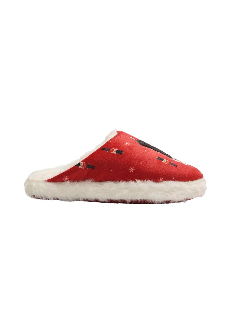 Zapatilla roja con forro de piel blanca, con un diseño de cascanueces y copos de nieve. Material suave y diseño de punta redondeada para mayor comodidad.