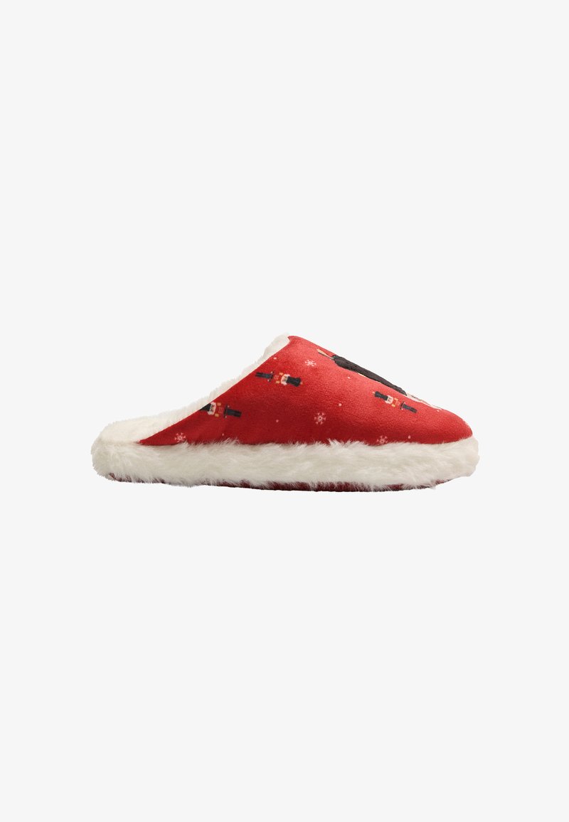 Zapatilla roja con forro de piel blanca, con un diseño de cascanueces y copos de nieve. Material suave y diseño de punta redondeada para mayor comodidad.