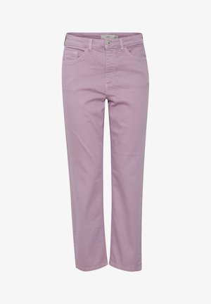 Svetlo vijolične hlače ravnih nogavic iz bombaža, ki imajo pet žepov in sprednje zapiranje na gumb. Gladka tekstura s sproščenim dizajnom.