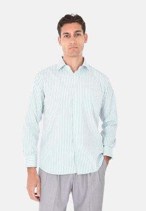 Giovane uomo che indossa una camicia a righe verticali verde chiaro e bianca con bottoni e pantaloni grigio chiaro, in piedi con una mano in tasca.