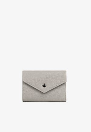 Gray textured leather wallet with a triangular flap and silver snap button closure, shown closed on a white background.