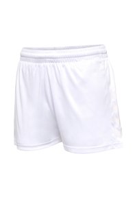 Shorts de sport blancs avec ceinture élastique et motif chevron discret sur le panneau latéral droit, affichés sur un fond blanc.