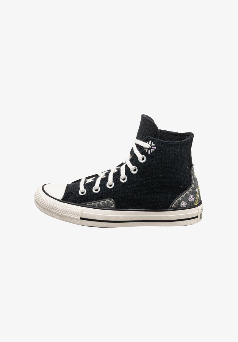 Fekete vászon magas szárú sneakers fehér fűzőkkel, gumis orral és sárga, rózsaszín és fehér mintákkal a saroknál.