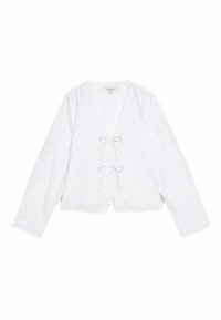 Top avvolgente bianco con maniche lunghe, scollo a V e chiusura con fiocco frontale. Realizzato in tessuto liscio con una vestibilità rilassata e senza fantasie.