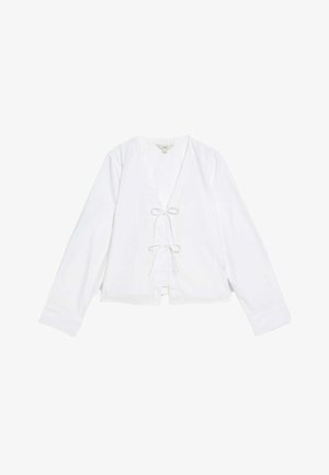 Witte wikkeltop met lange mouwen, V-hals en een sluiting met strik aan de voorkant. Gemaakt van een soepele stof met een relaxte pasvorm en zonder patronen.