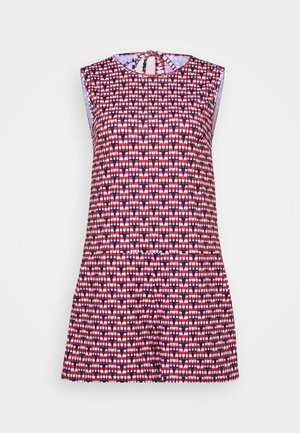 Sleeveless dress featuring a red, white, and navy geometric pattern with a keyhole back detail and flared hem. Made of lightweight fabric.