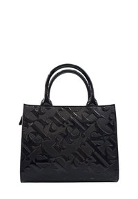 Borsa nera in pelle texture con motivo logo impresso. Forma strutturata, doppi manici rotondi e chiusura a zip.