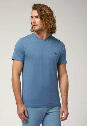 T-shirt in cotone azzurro chiaro con maniche corte, scollatura rotonda e un piccolo logo blu scuro sul lato sinistro del petto. Design semplice, texture morbida.