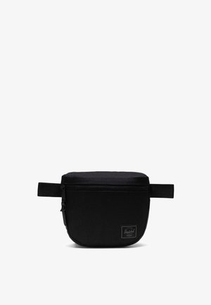 Zwarte nylon heuptas met een ritssluiting, ronde vorm en zijband. Heeft een klein logo-opdruk aan de voorkant. Getextureerde stof.