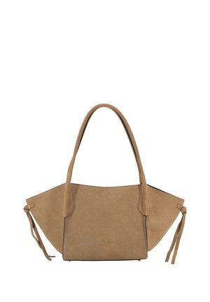 Bolso de mano de ante marrón con paneles laterales anchos, dos asas y correas de cuero atadas en cada lado, mostrado sobre un fondo blanco.