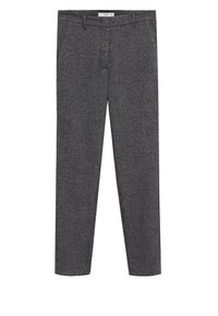 Pantalon habillé gris à carreaux coupe slim avec passants pour ceinture et poches avant, confectionné pour un look formel ou professionnel.