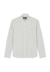 Light green and white striped long-sleeve shirt, featuring a button-down collar, single chest pocket, and button fastenings.