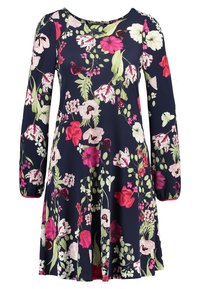 Kukkamekko tummansinisellä taustalla, jossa on pitkät hihat ja pyöreä pääntie. Suunnittelussa on vaaleanpunaisia, valkoisia ja vihreitä kukkia, ja se on liehuva muodoltaan.