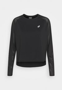 Czarna sportowa koszulka z długim rękawem z siateczkowymi wstawkami na rękawach. Posiada zaokrąglony dekolt i krótki dół z małym logo na piersi.