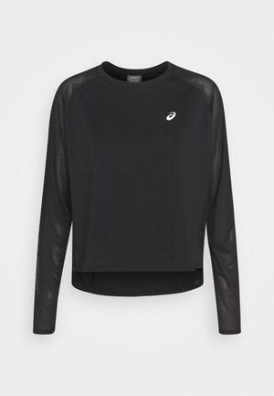 Schwarzes sportliches Langarmshirt mit Mesh-Akzenten an den Ärmeln. Verfügt über einen runden Ausschnitt und einen kurzen Saum mit kleinem Logo auf der Brust.