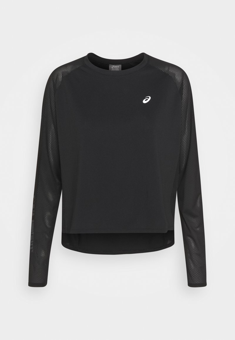 Czarna sportowa koszulka z długim rękawem z siateczkowymi wstawkami na rękawach. Posiada zaokrąglony dekolt i krótki dół z małym logo na piersi.