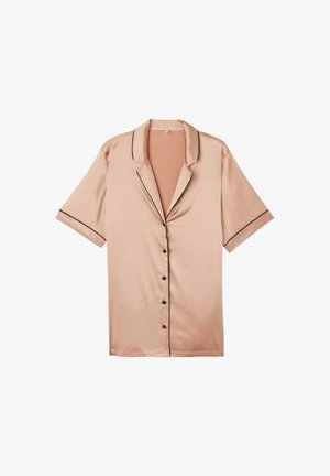 Pyjamaskjorta i mjuk blushsatin med korta ärmar, svart piping längs kragen och ärmsluten, samt knappstängning framtill.