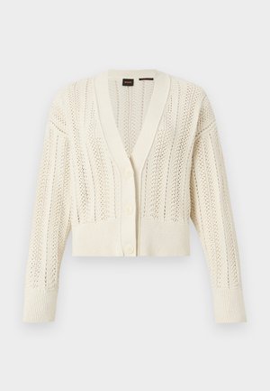 Cardigan en tricot couleur crème avec col en V, boutonnière à l'avant, manches longues, poignets et ourlet côtelés, présentant un motif de dentelle sur tout le vêtement.