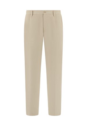 Beige gerade geschnittene Anzughose mit Gürtelschlaufen, Knopfverschluss und Vordertaschen, vor weißem Hintergrund präsentiert.