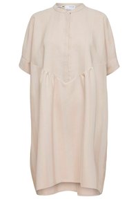 Šaty s krátkým rukávem a délkou do pasu z jemné béžové látky. Vybavené stojáčkovým límcem, zapínáním na knoflíky a nabíranými sklady v přední části.