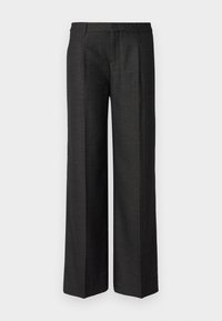 Pantaloni negri cu picioare largi, realizați dintr-un material texturat, având un front plat, două buzunare laterale și un finisaj curat, fără embellismente.