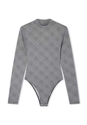 Body a maniche lunghe e colletto alto, con motivo a quadri in bianco, nero e grigio, chiusure a pressione nel cavallo e silhouette aderente.