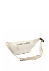 Witte stoffen heuptas met een slanke, driehoekige vorm, voorzien van een voorste ritsvak en een verstelbare webbingband.
