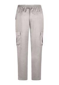 Cargo-Hosen aus hellgrauem Stoff, mit elastischem Bund, zwei seitlichen Taschen und zwei Beintaschen im Cargo-Stil.