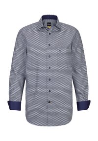 Herren Langarm-Hemd mit kleinen geometrischen Mustern, dunkelblauem Innenkragen und -manschetten sowie kontrastierenden Knöpfen.