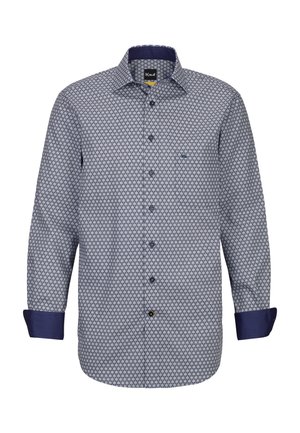 Camicia da uomo a maniche lunghe con bottone, caratterizzata da un piccolo motivo geometrico, colletto interno e polsini di colore blu scuro e bottoni a contrasto.