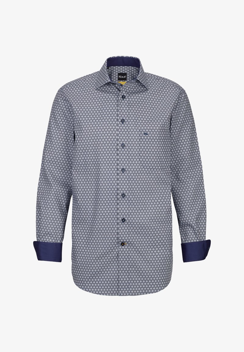 Camicia da uomo a maniche lunghe con bottone, caratterizzata da un piccolo motivo geometrico, colletto interno e polsini di colore blu scuro e bottoni a contrasto.