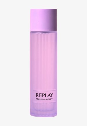 Purple gradient bottle with ribbed texture, cylindrical shape, and a smooth lid. Label features "REPLAY" and "PROVENCE VIOLET" in black.