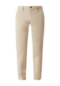 Pantalon beige en coton coupe slim avec passants de ceinture, bouton à l'avant, fermeture éclair, et poches latérales.