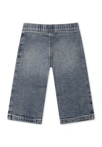 Culotte in denim blu scuro con una texture liscia, design a gamba larga, cintura elastica e dettagli di cucitura visibili lungo i bordi.