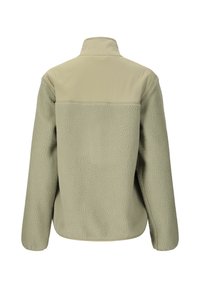 Lichtbeige fleecejack met een getextureerd lijfje en een gladde stof in het schouderstuk, lange mouwen en een hoge kraag, gezien van de achterkant.