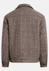 Veste tissée dans un motif pied-de-poule marron et rose, avec un col, des manches longues et une coupe droite.